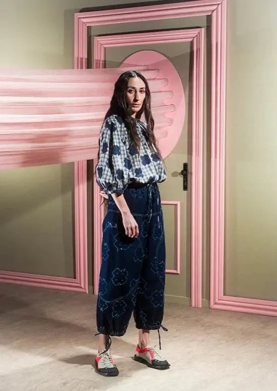 Henrik-Vibskov-Gambit-Blouse-Blue-White-Checks-Cross-Print